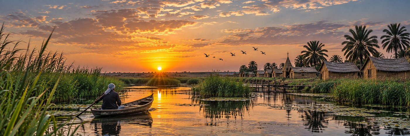 قارب في أهوار العراق عند الغروب